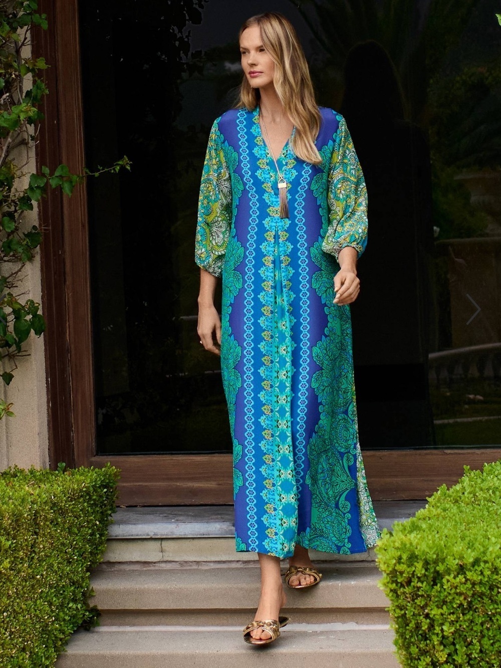 Johnny Was XS Kahinu Silk Maxi Slip Dress 3/4 Sleeve V-Neck Diomedes Blue/Green